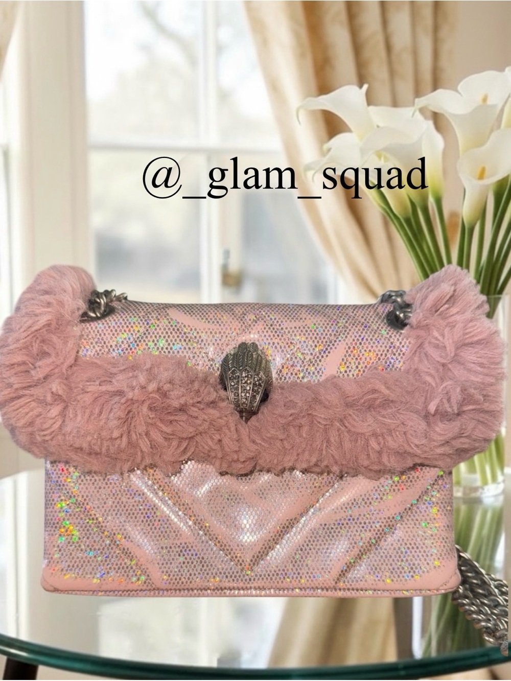 Kurt Geiger London Faux Fur Mini Kensington Eagle head Crossbody Iridescent Pink